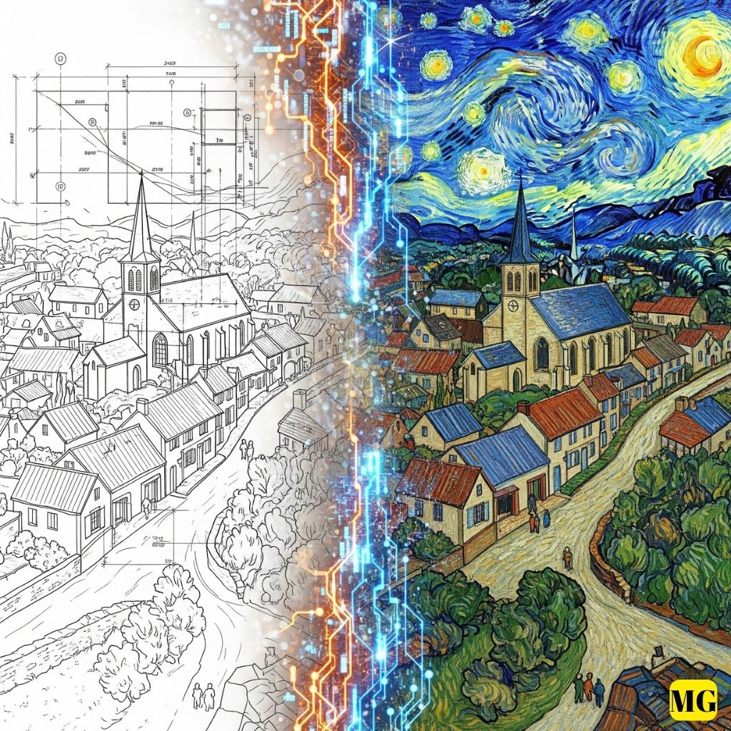 Teknik resimden Van Gogh tarzı tabloya yapay zekâ dönüşümünü gösteren, sanat ve teknolojinin birleşimini vurgulayan görsel.