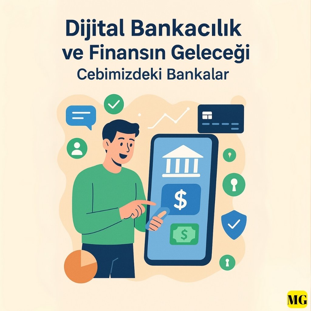 Akıllı telefon ekranında dijital bankacılık uygulaması kullanan kişi, sanal kart ve finansal simgelerle çevrili; dijital bankacılık ve finansın geleceğini temsil eden modern illüstrasyon.
