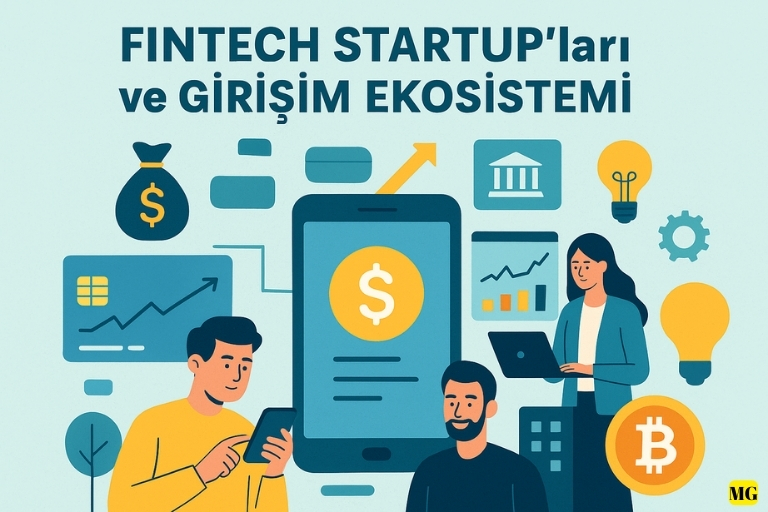 Dijital ödeme sistemleri, mobil bankacılık, blockchain ve fintech startup girişim ekosistemini anlatan illüstrasyon.