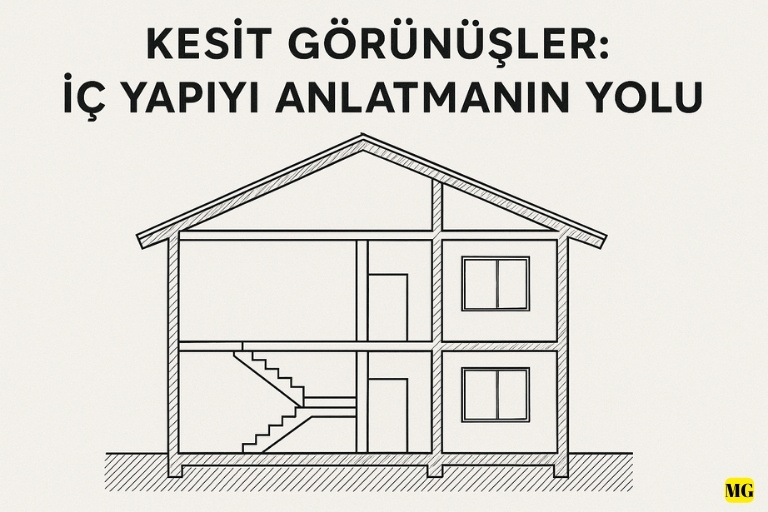 İki katlı bir binanın kesit görünüş çizimi: iç yapının duvarlar, merdivenler ve çatının detaylarıyla teknik resim üzerinden anlatımı.