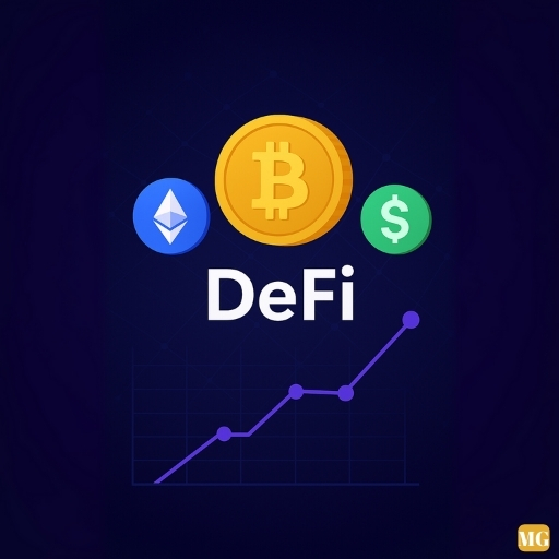 Bitcoin, Ethereum ve dolar sembolleriyle DeFi’yi temsil eden, merkeziyetsiz finans ve kripto para ekosistemini anlatan illüstrasyon.