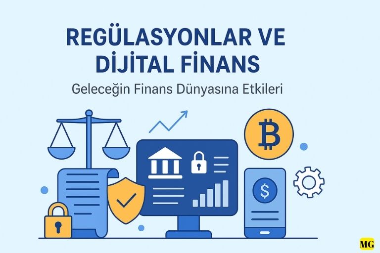 Dijital finans ve kripto paralar için regülasyonların rolünü anlatan modern illüstratif görsel.
