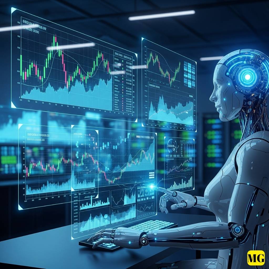 Yapay zeka, borsa verilerini analiz eden fütüristik grafikler ve algoritmalarla çevrili. Finans ve teknolojinin kesişimini gösteren bir görsel.