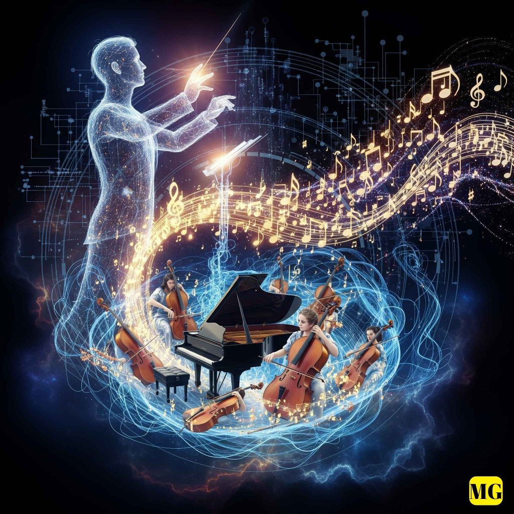 Yapay zekâ ve müziği birleştiren soyut bir görsel. Bir orkestra şefi gibi görünen ışık hüzmesinden bir figür, piyano ve viyolonsel çalan müzisyenlerin etrafında yer alıyor. Figürün etrafında notalar ve dijital devreler dans ederek YZ ve müziğin harmonisini temsil ediyor.